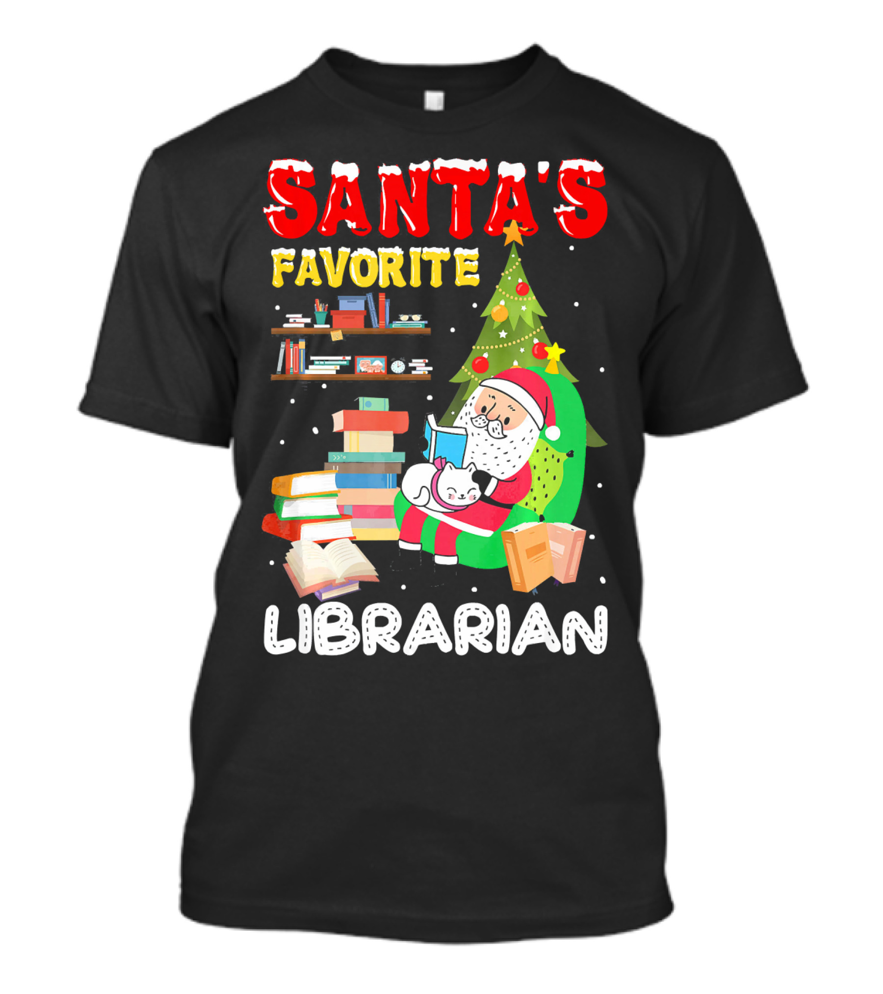 Santa's Favorite Librarian Christmas Holiday Santa Reading With Books And Tree T-Shirt