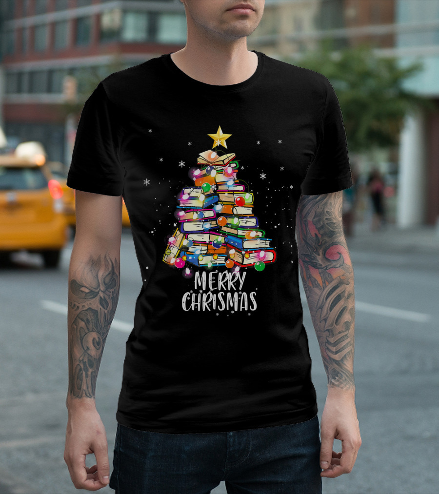 Merry Christmas Librarian Nerd Book Tree with Lights and Star T-Shirt