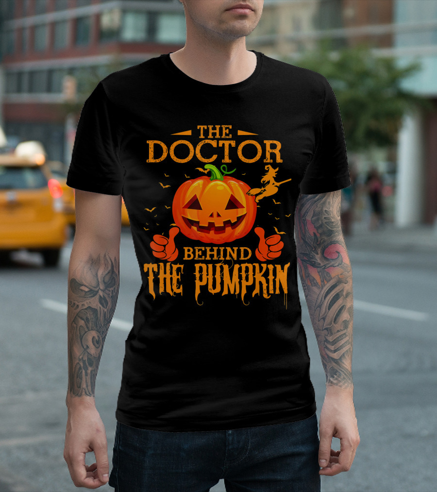 The Doctor Behind The Pumpkin Halloween Witch and Bat Scene T-Shirt