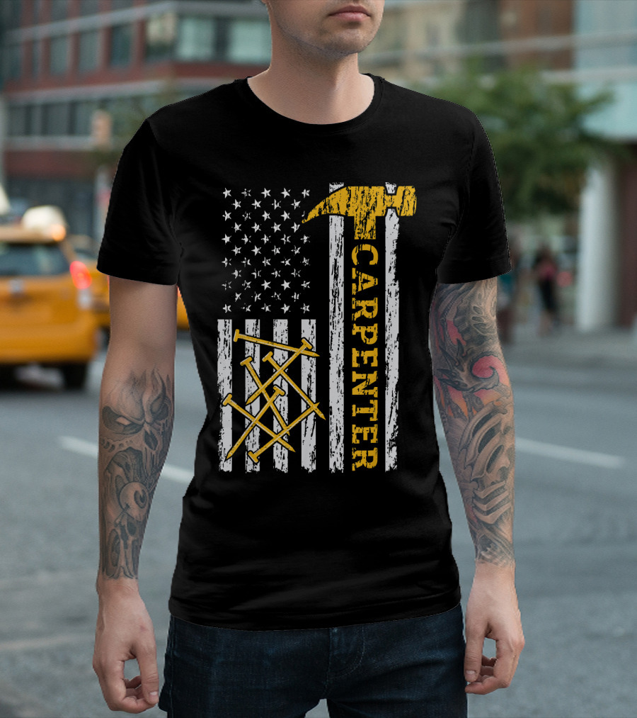 Mens Proud Carpenter Hammer And Nails US Flag Woodworking T-Shirt