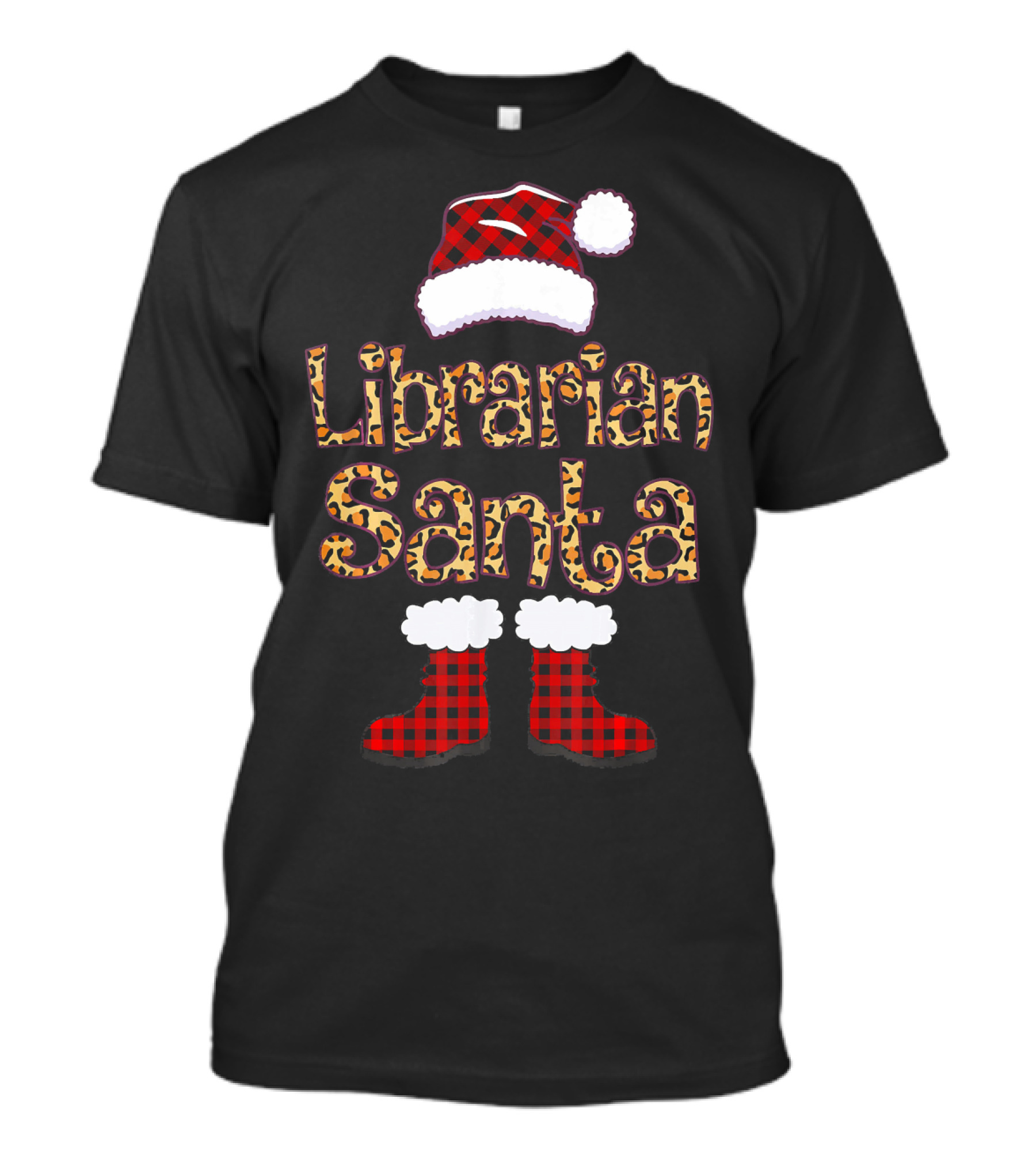 Librarian Santa Plaid Hat Leopard Boots T-Shirt
