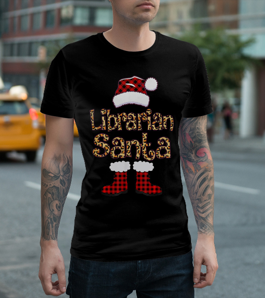 Librarian Santa Plaid Hat Leopard Boots T-Shirt