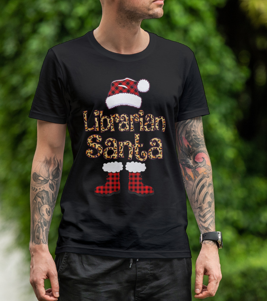 Librarian Santa Plaid Hat Leopard Boots T-Shirt