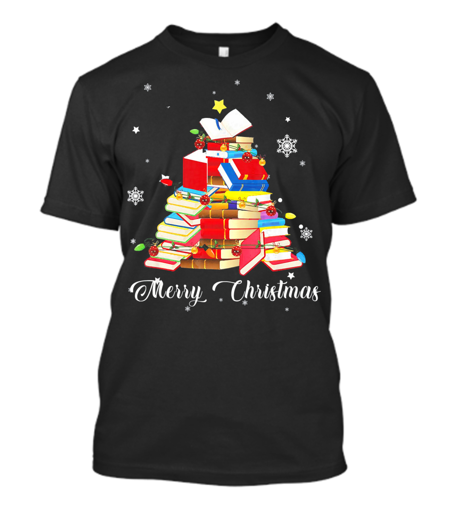 Merry Christmas Book Tree With Stars And Snowflakes T-Shirt