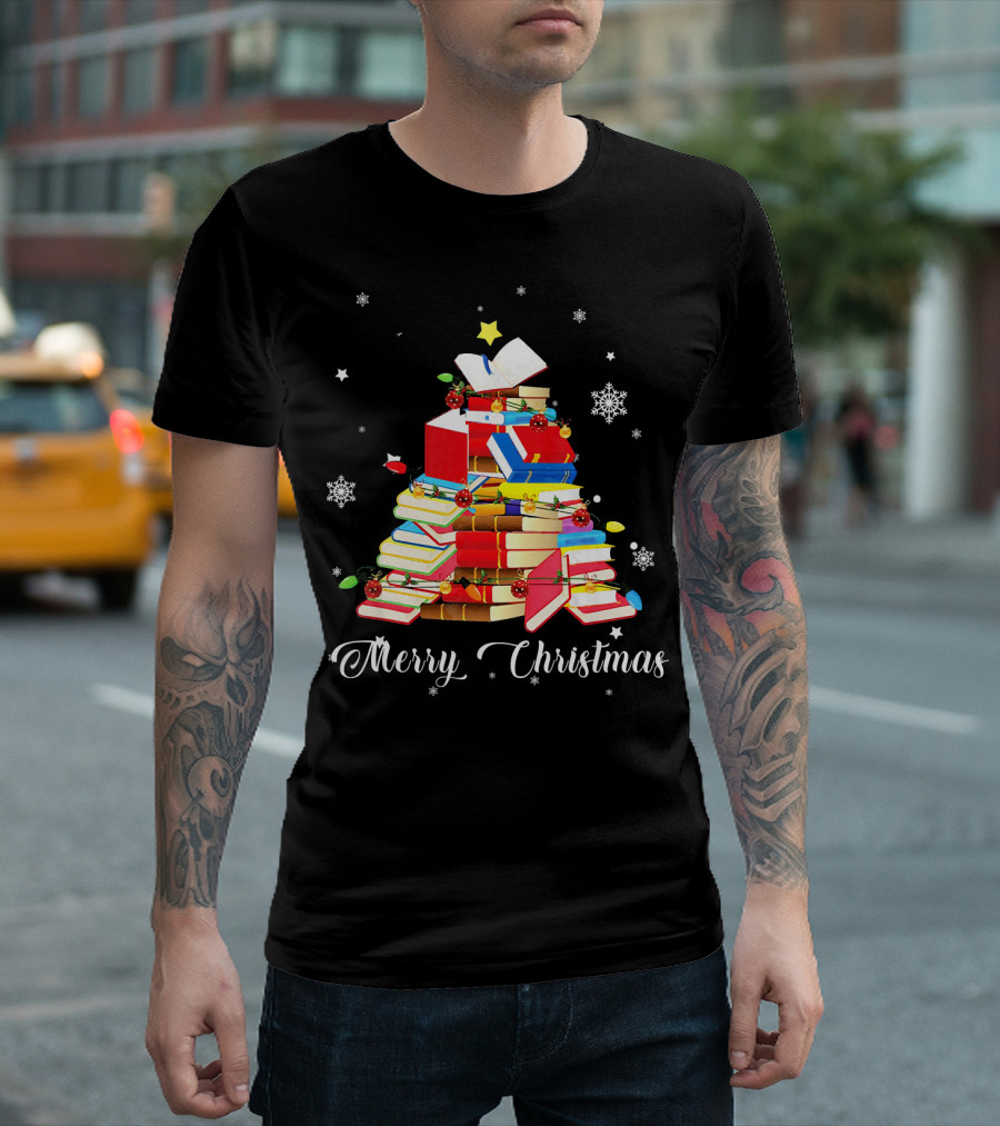 Merry Christmas Book Tree With Stars And Snowflakes T-Shirt