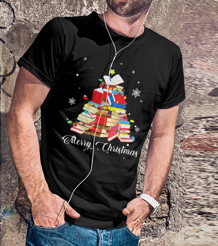Merry Christmas Book Tree With Stars And Snowflakes T-Shirt