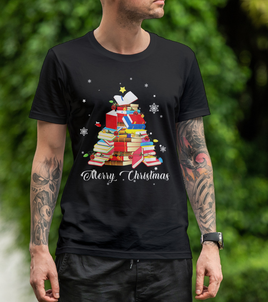 Merry Christmas Book Tree With Stars And Snowflakes T-Shirt