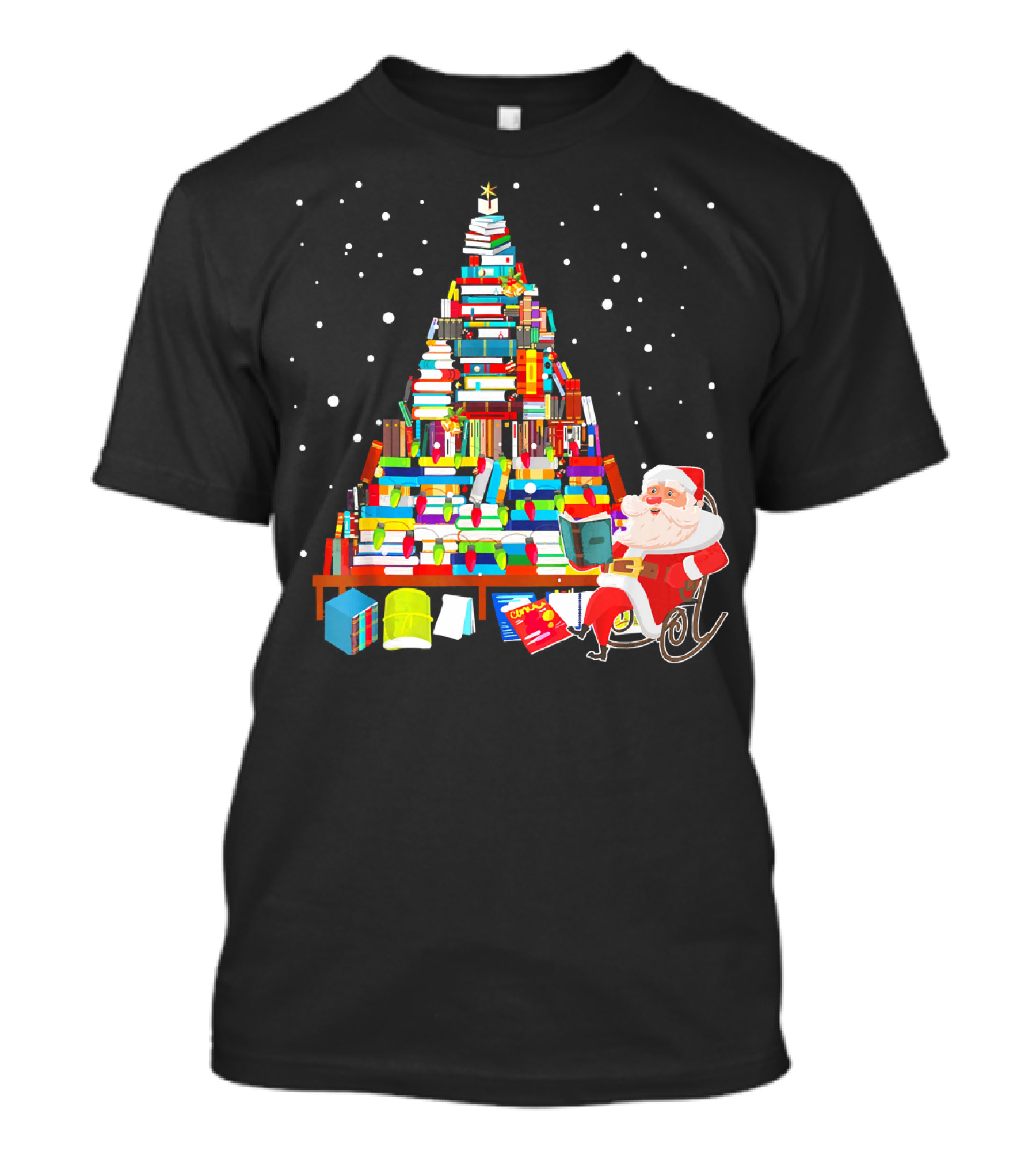 Merry Christmas Library Tree With Cute Santa And Stacked Books T-Shirt