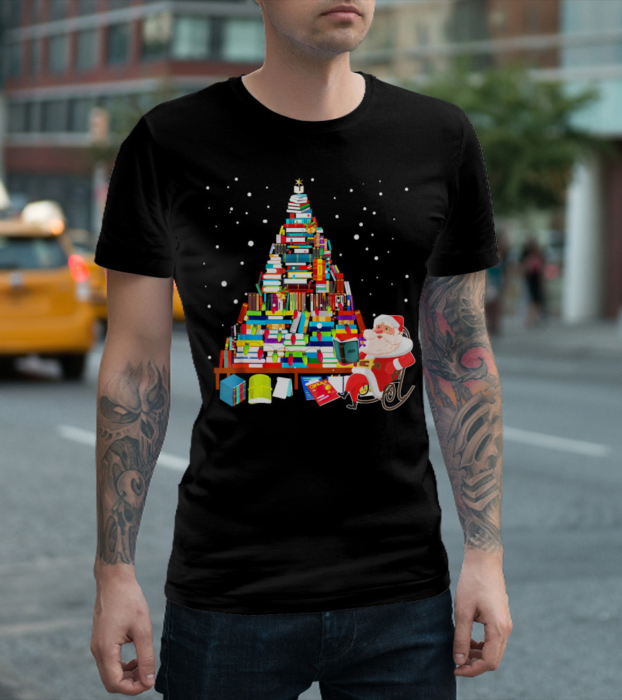 Merry Christmas Library Tree With Cute Santa And Stacked Books T-Shirt