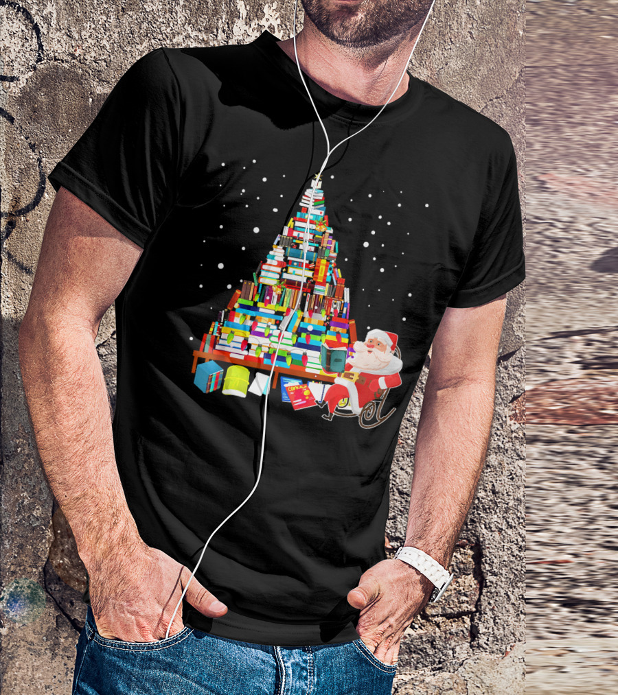 Merry Christmas Library Tree With Cute Santa And Stacked Books T-Shirt