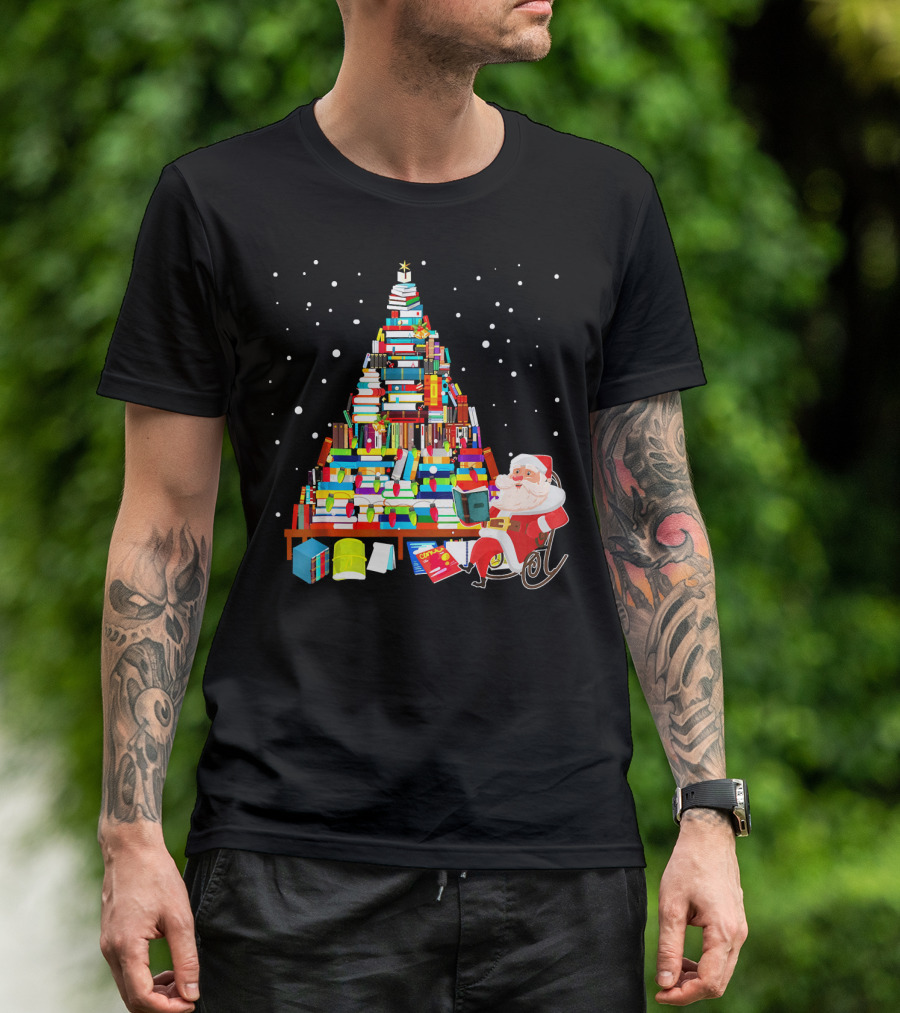 Merry Christmas Library Tree With Cute Santa And Stacked Books T-Shirt