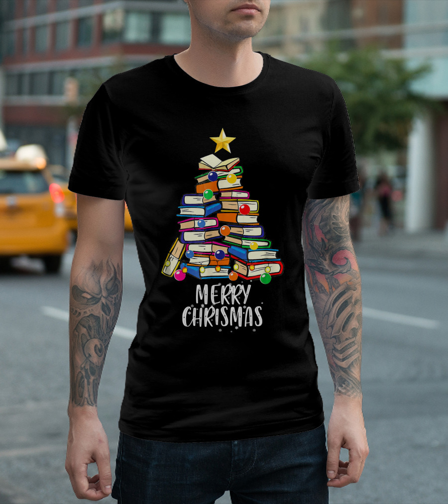 Librarian Nerd Christmas Book Tree Merry Christmas T-Shirt