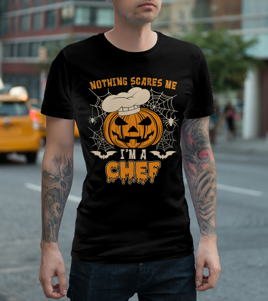Nothing Scares Me I'm a Chef Pumpkin Jack-O'-Lantern with Spider Webs and Bats T-Shirt