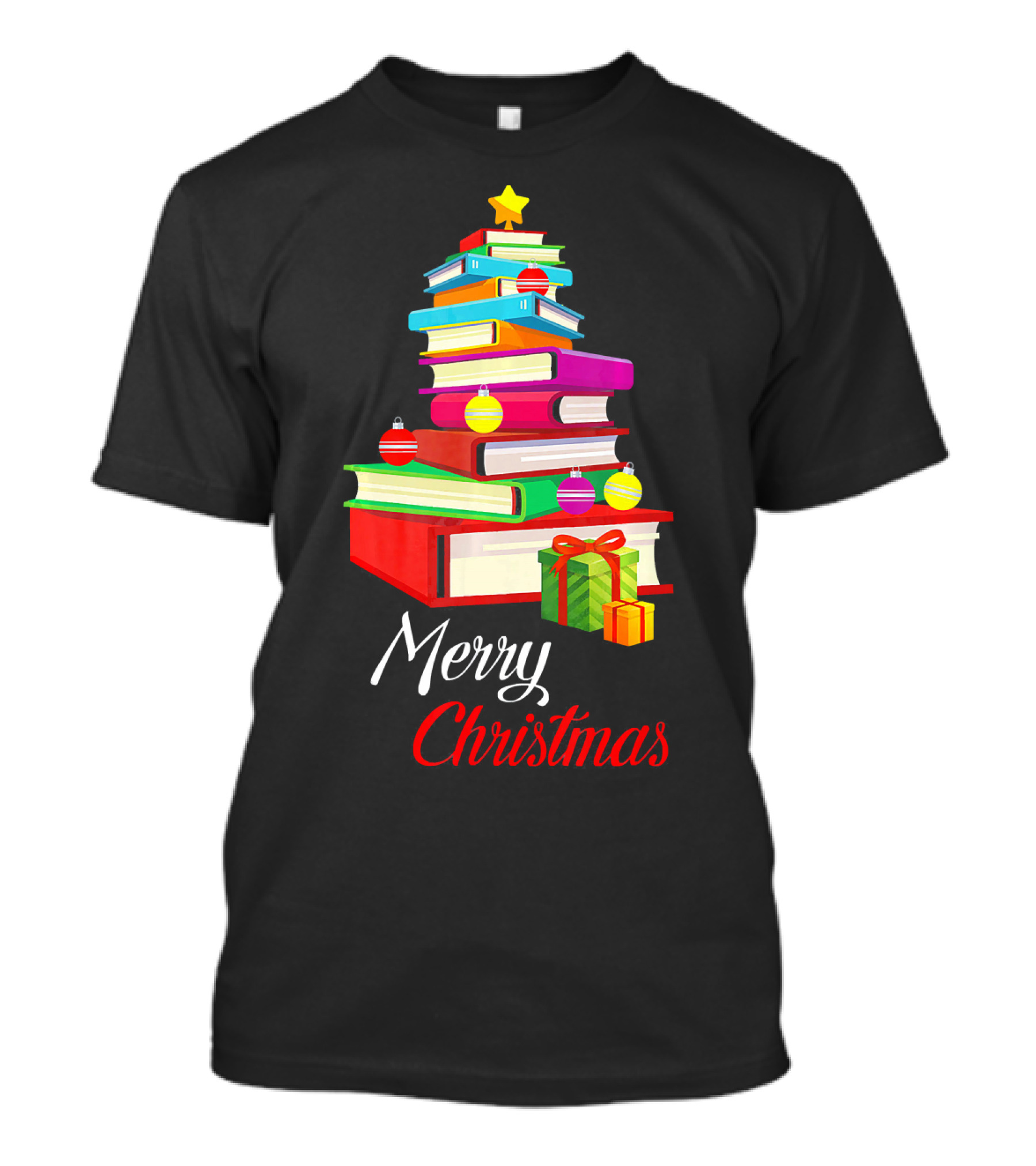Merry Christmas Books Tree Love Reading Stack With Ornaments And Gifts T-Shirt