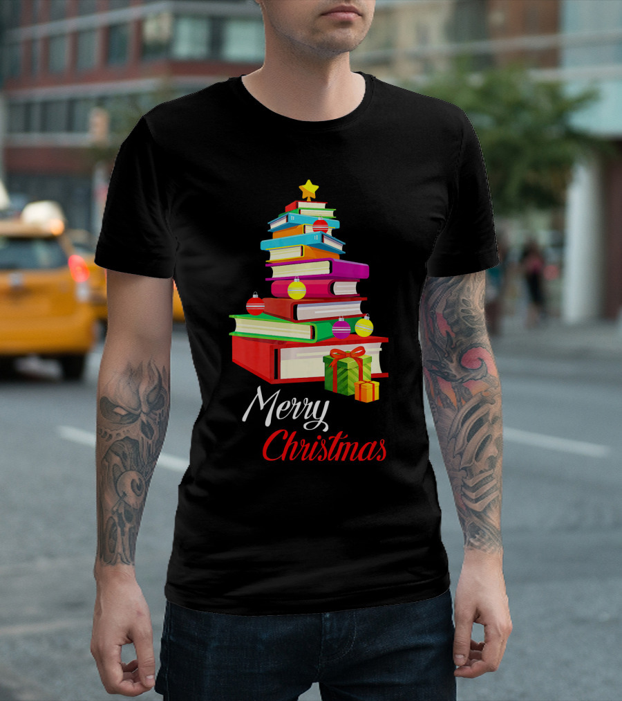 Merry Christmas Books Tree Love Reading Stack With Ornaments And Gifts T-Shirt