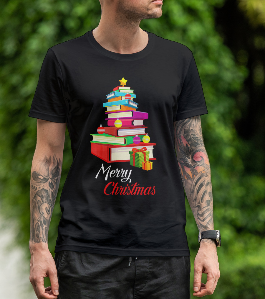 Merry Christmas Books Tree Love Reading Stack With Ornaments And Gifts T-Shirt