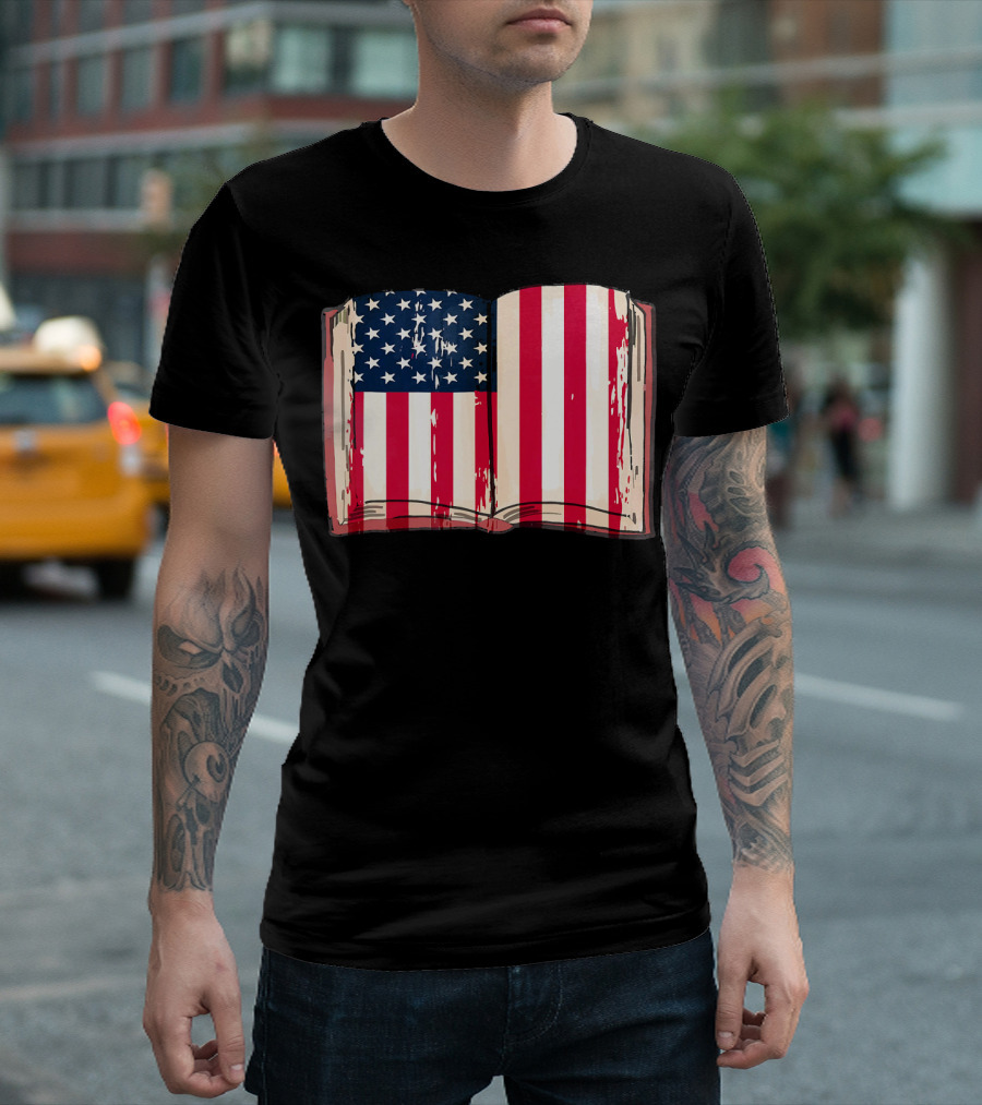 Patriotic Bookworm Open Book American Flag Read T-Shirt