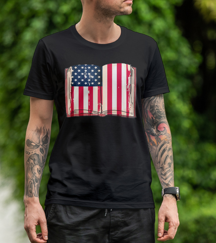 Patriotic Bookworm Open Book American Flag Read T-Shirt
