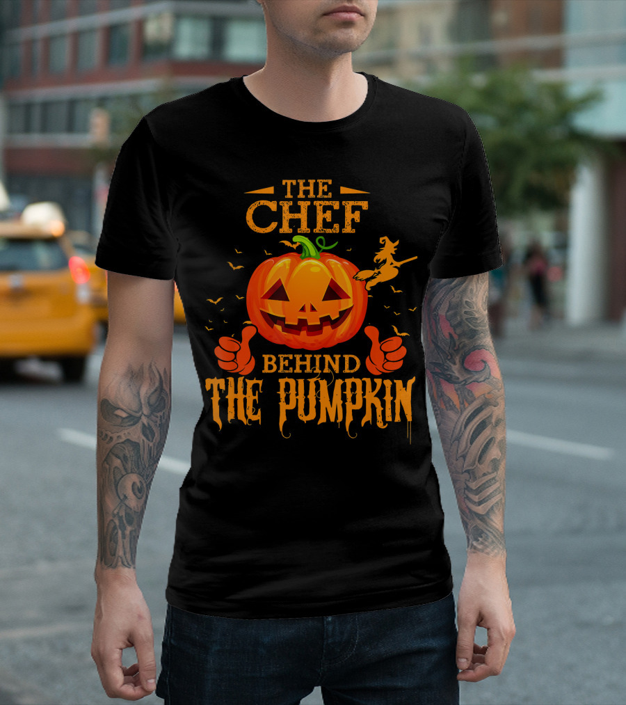 The Chef Behind The Pumpkin Thumbs Up Witch Flying Bats T-Shirt