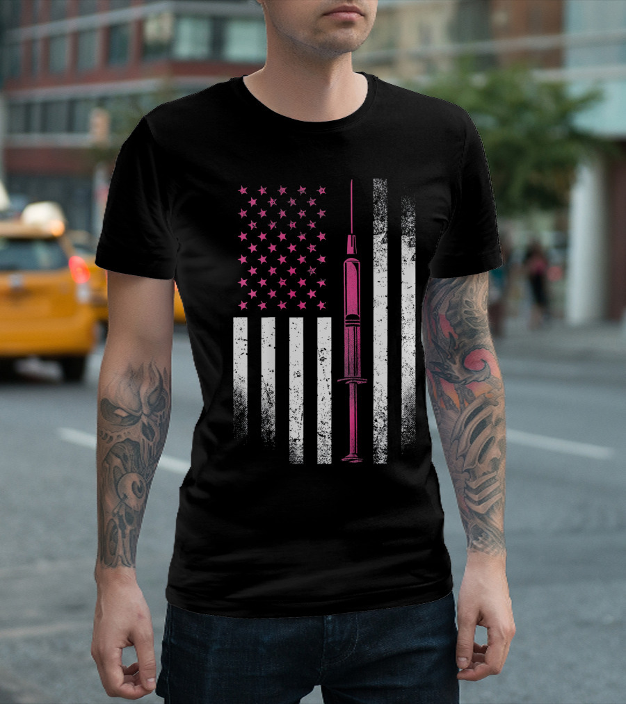 Nurse RN LPN Pink American Flag Syringe T-Shirt