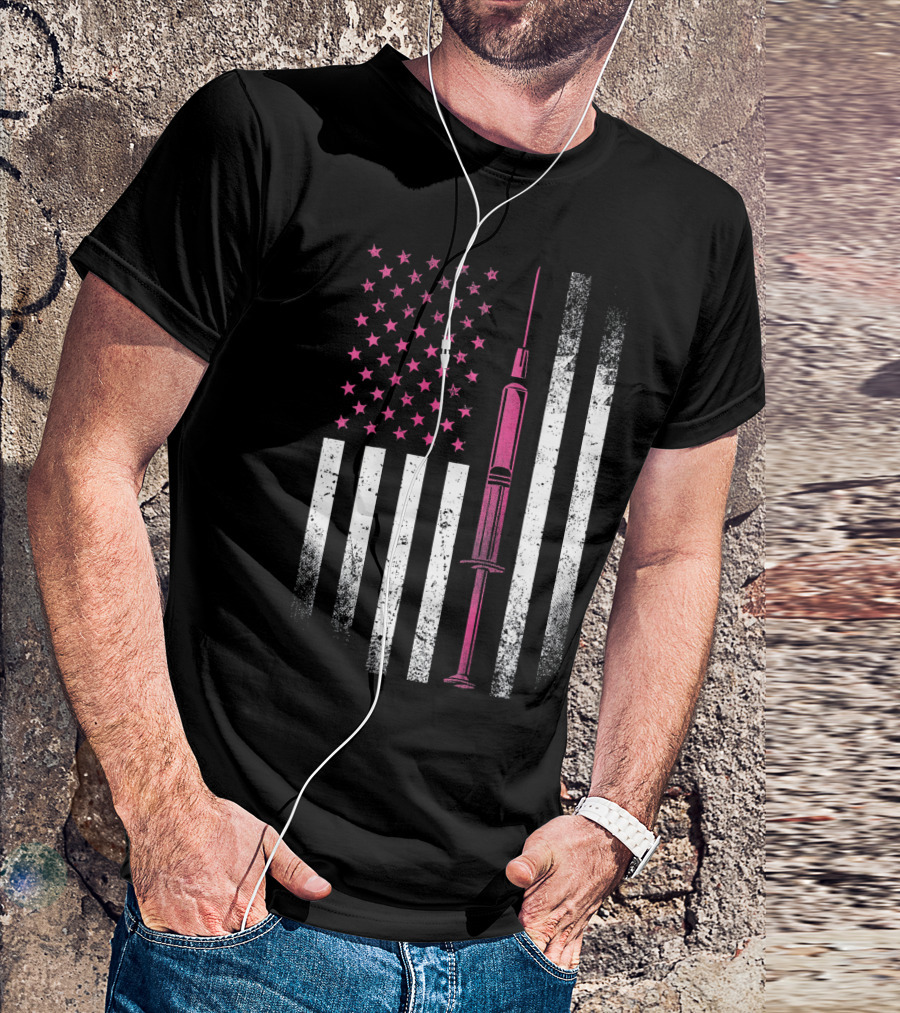 Nurse RN LPN Pink American Flag Syringe T-Shirt