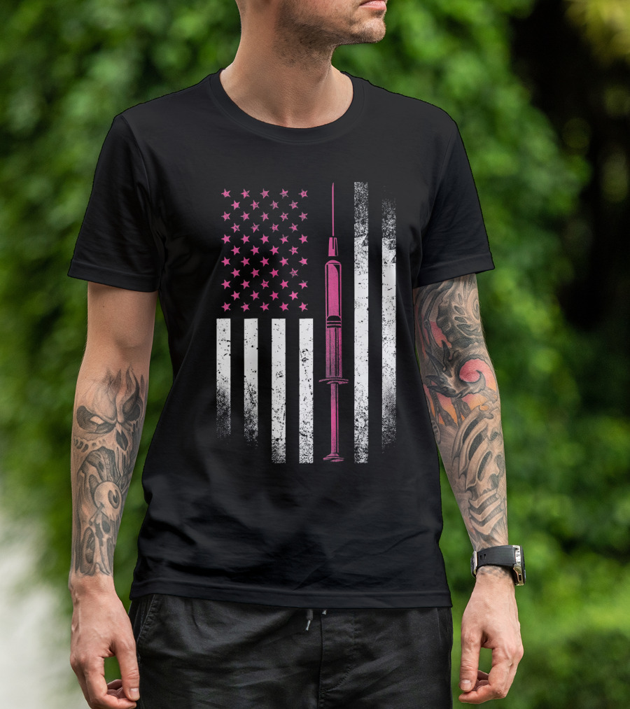 Nurse RN LPN Pink American Flag Syringe T-Shirt