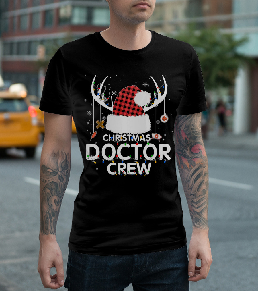 Christmas Doctor Crew Santa Hat Decorations And Medical Icons T-Shirt
