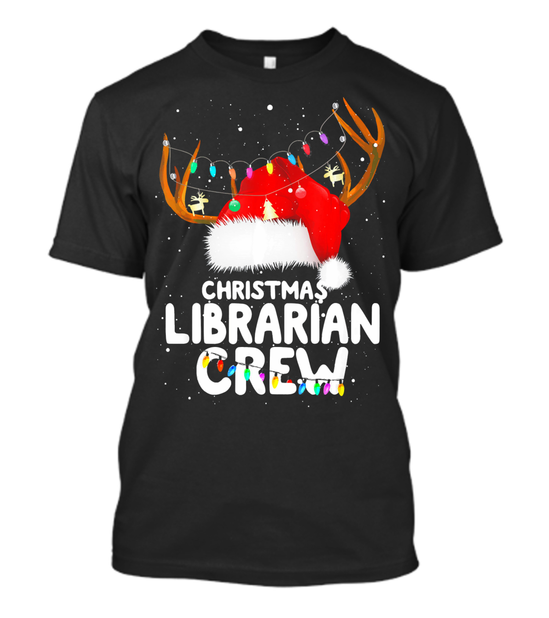 Christmas Librarian Crew Santa Hat Antlers Lights T-Shirt