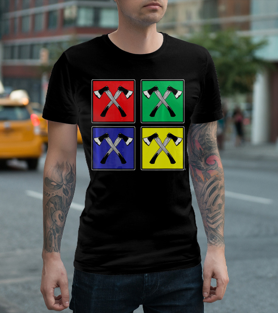 Retro Pop Art Lumberjack Axes Four Square Colors T-Shirt