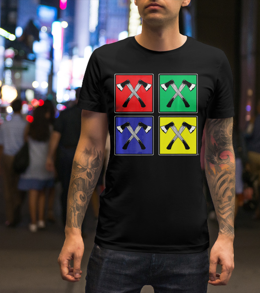 Retro Pop Art Lumberjack Axes Four Square Colors T-Shirt