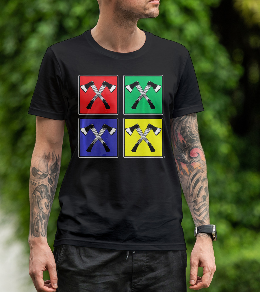 Retro Pop Art Lumberjack Axes Four Square Colors T-Shirt