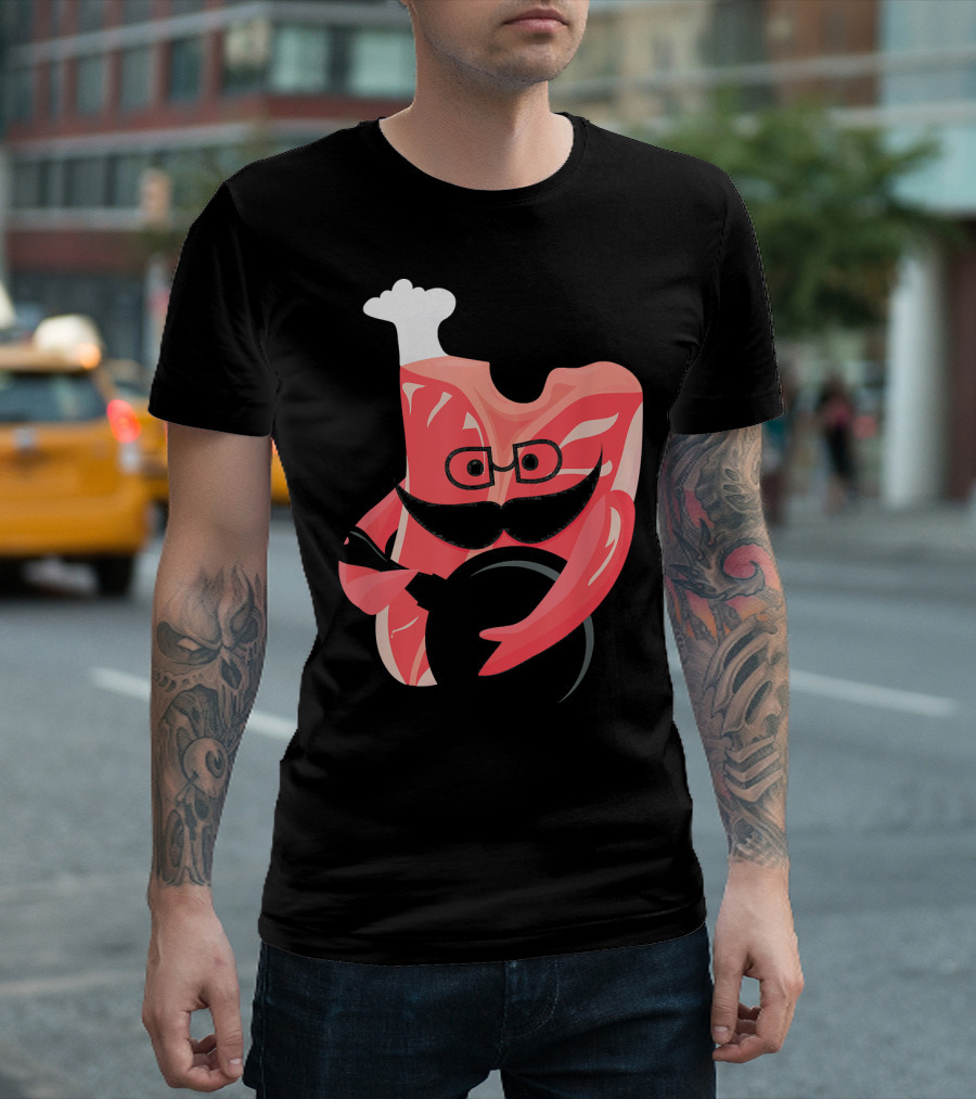 Meat Chef Bone Beef Steak With Mustache And Glasses Holding Plate T-Shirt