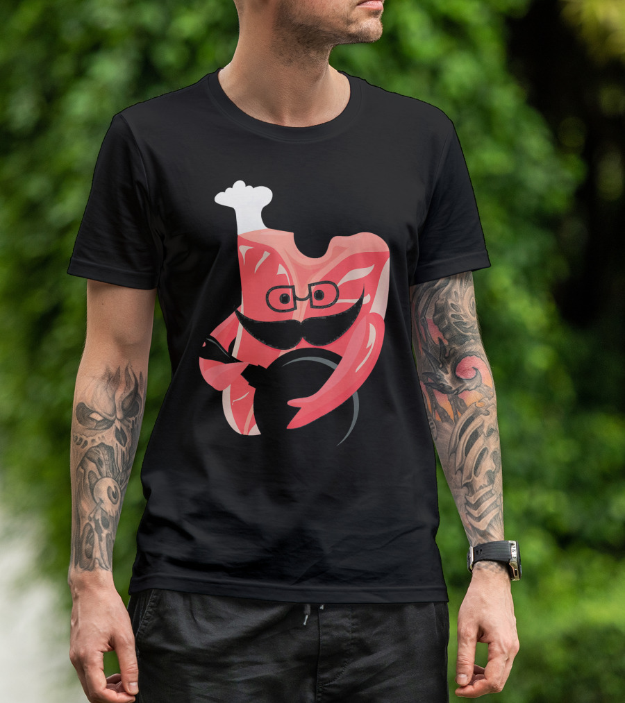 Meat Chef Bone Beef Steak With Mustache And Glasses Holding Plate T-Shirt