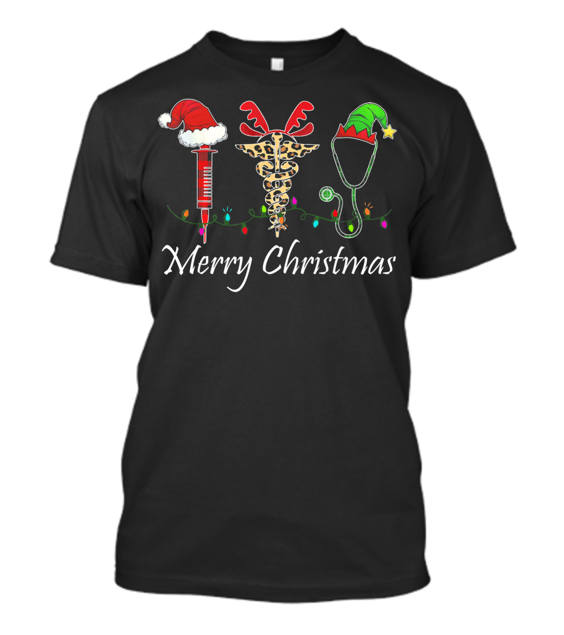 Merry Christmas Doctor Medical Syringe Caduceus Stethoscope Holiday Lights T-Shirt