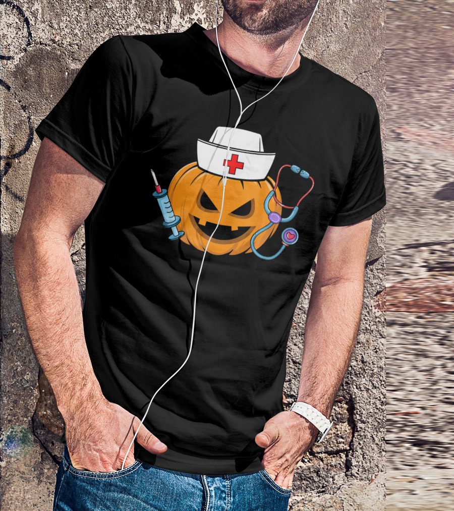 Nurse Doctor Pumpkin With Syringe And Stethoscope Halloween Humor T-Shirt