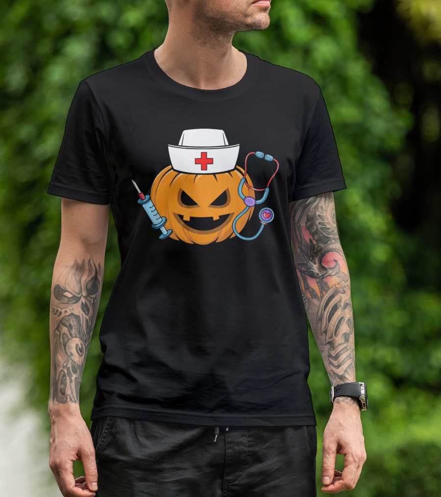 Nurse Doctor Pumpkin With Syringe And Stethoscope Halloween Humor T-Shirt