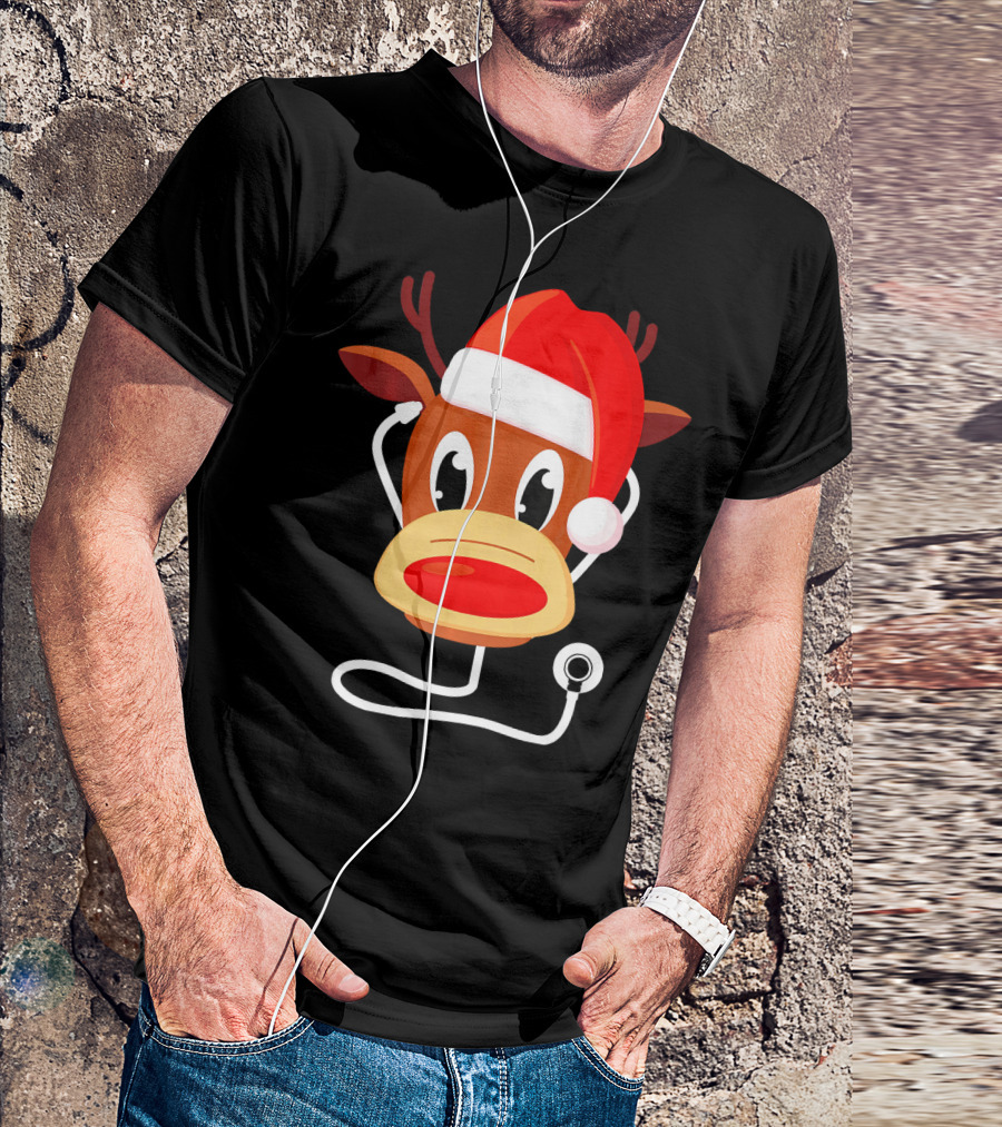 Reindeer Santa Hat With Stethoscope Doctor Nurse T-Shirt