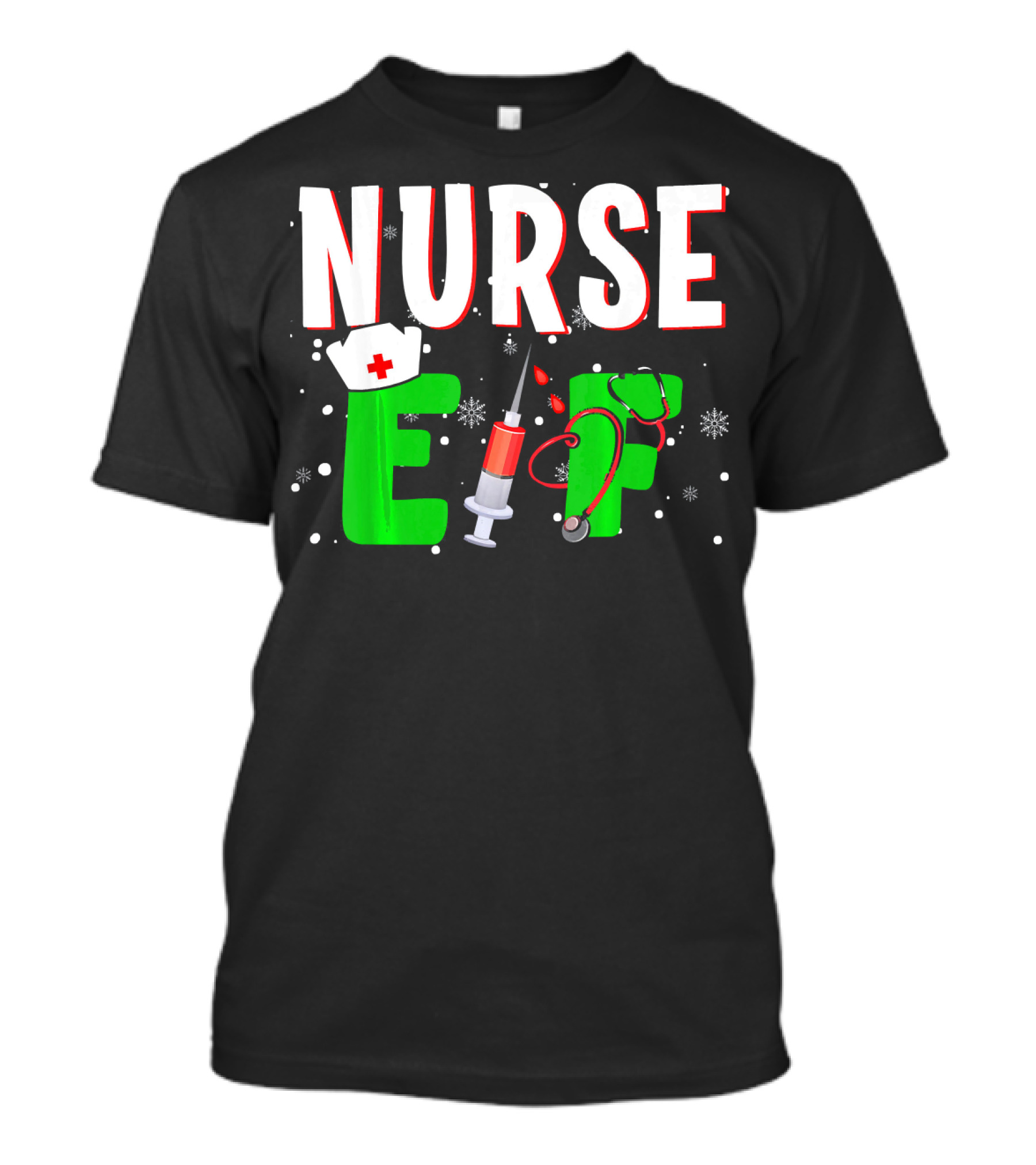 Nurse Elf Christmas Syringe Stethoscope Snowflakes Holiday Humor T-Shirt