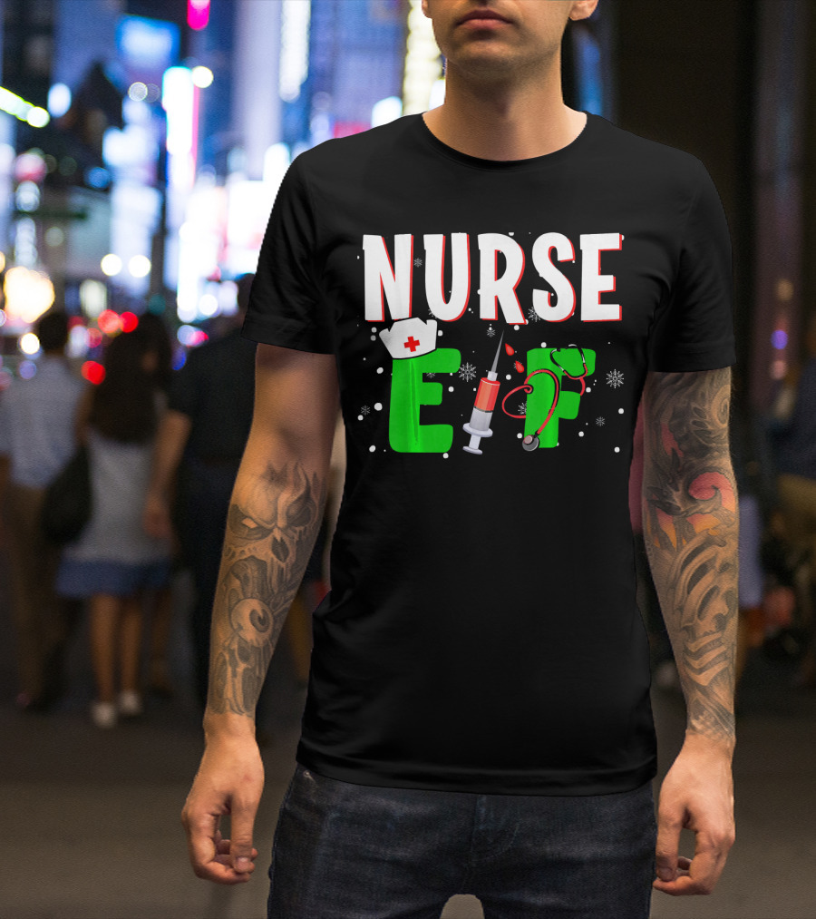 Nurse Elf Christmas Syringe Stethoscope Snowflakes Holiday Humor T-Shirt