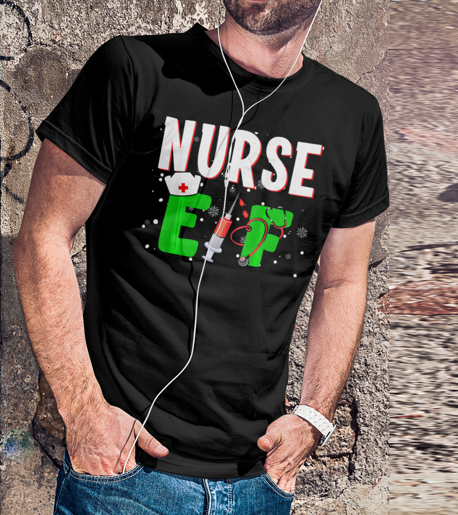 Nurse Elf Christmas Syringe Stethoscope Snowflakes Holiday Humor T-Shirt
