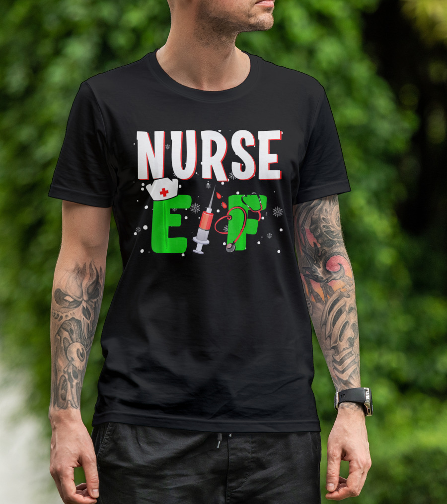 Nurse Elf Christmas Syringe Stethoscope Snowflakes Holiday Humor T-Shirt
