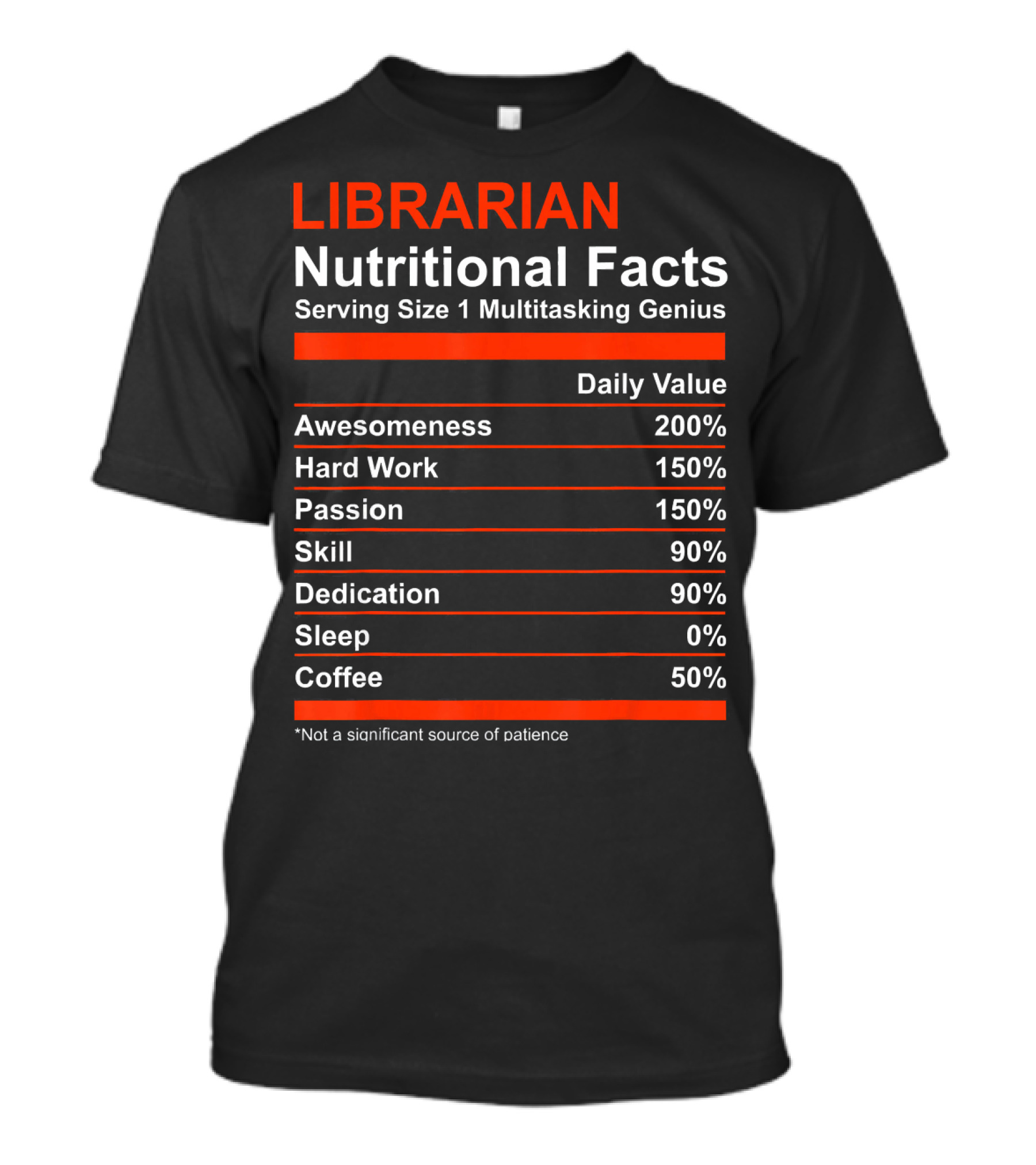 Librarian Nutritional Facts Multitasking Genius Daily Value Awesomeness Hard Work Passion Skill Dedication Sleep Coffee T-Shirt