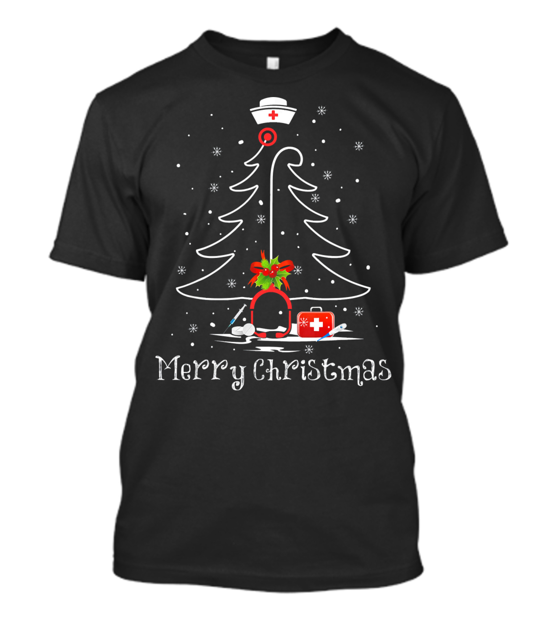 Merry Christmas Nurse Tree Stethoscope Hat Red Cross Light T-Shirt