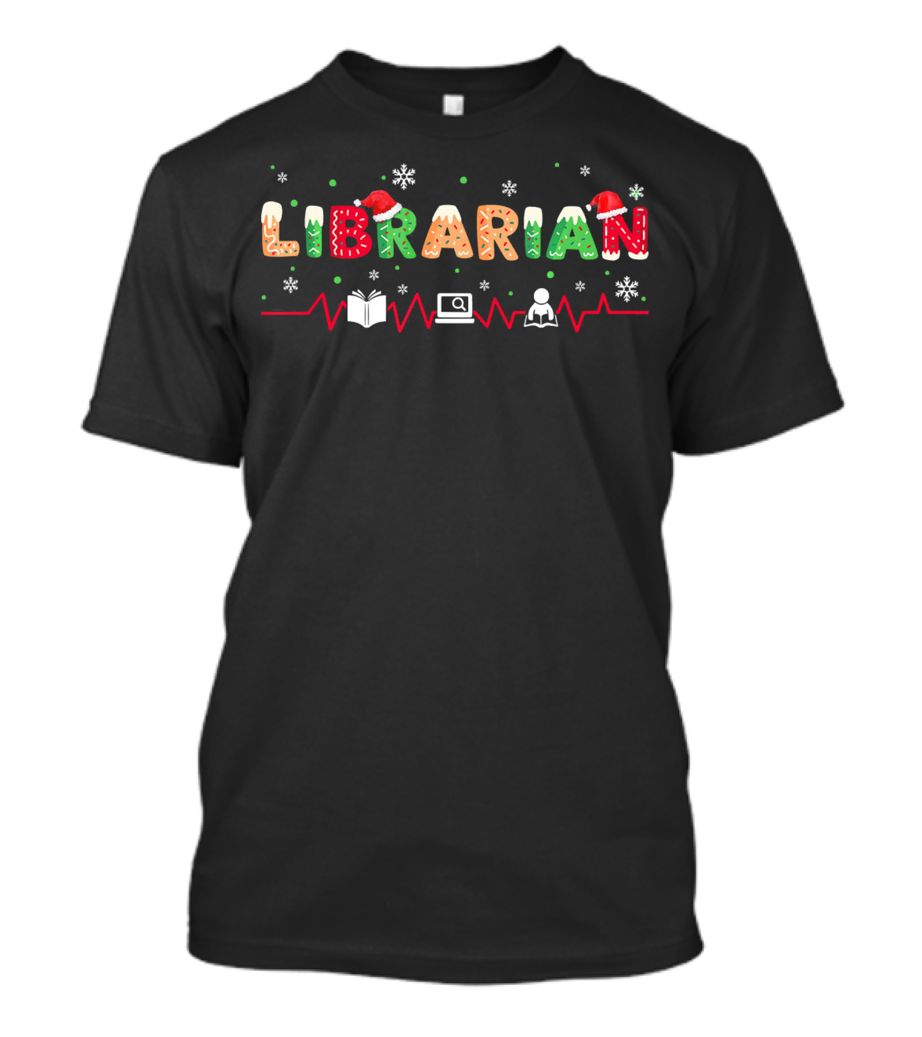 Librarian Santa Hat Christmas Costume Snowflakes Heartbeat Book Computer T-Shirt