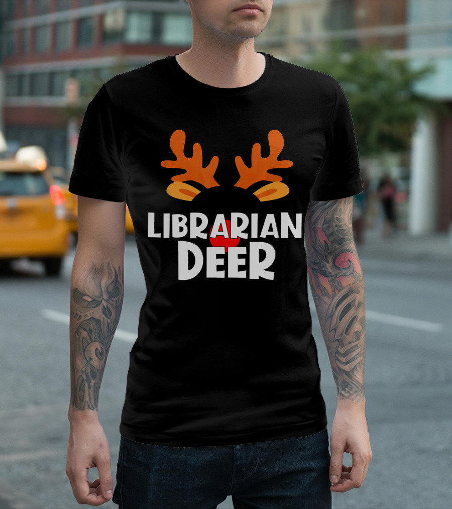 Librarian Deer Rudolph Antlers Matching Family School T-Shirt