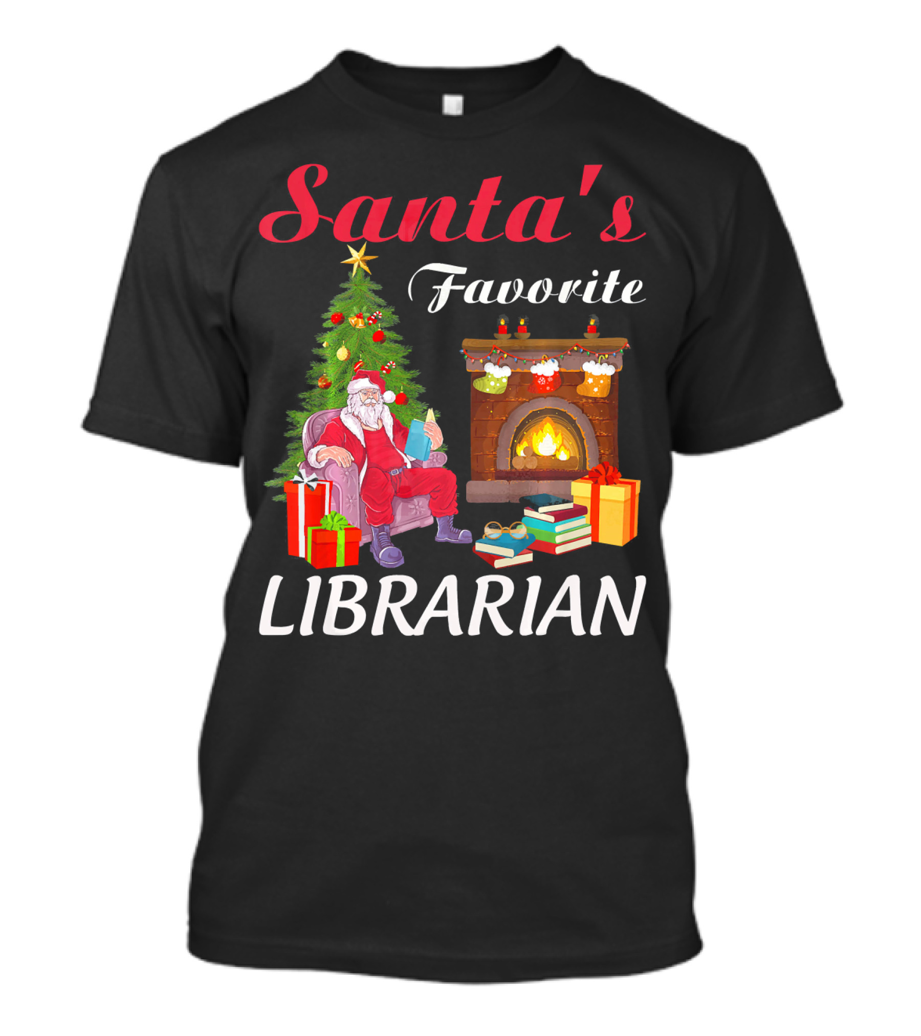 Santa's Favorite Librarian By The Fireplace With Books And Tree T-Shirt