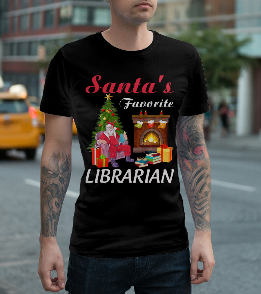 Santa's Favorite Librarian By The Fireplace With Books And Tree T-Shirt