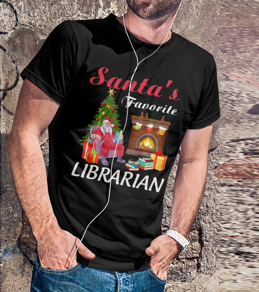Santa's Favorite Librarian By The Fireplace With Books And Tree T-Shirt
