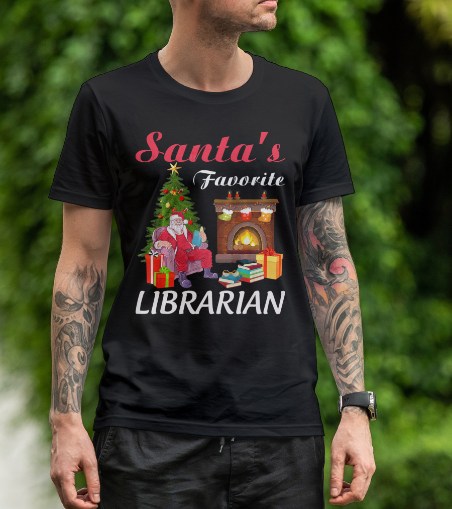 Santa's Favorite Librarian By The Fireplace With Books And Tree T-Shirt