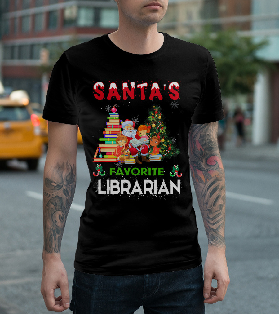 Santa's Favorite Librarian Christmas Books and Tree Scene T-Shirt